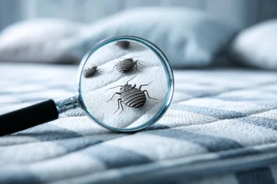 Magnifying Glass Inspecting Bed Bugs On Mattress
