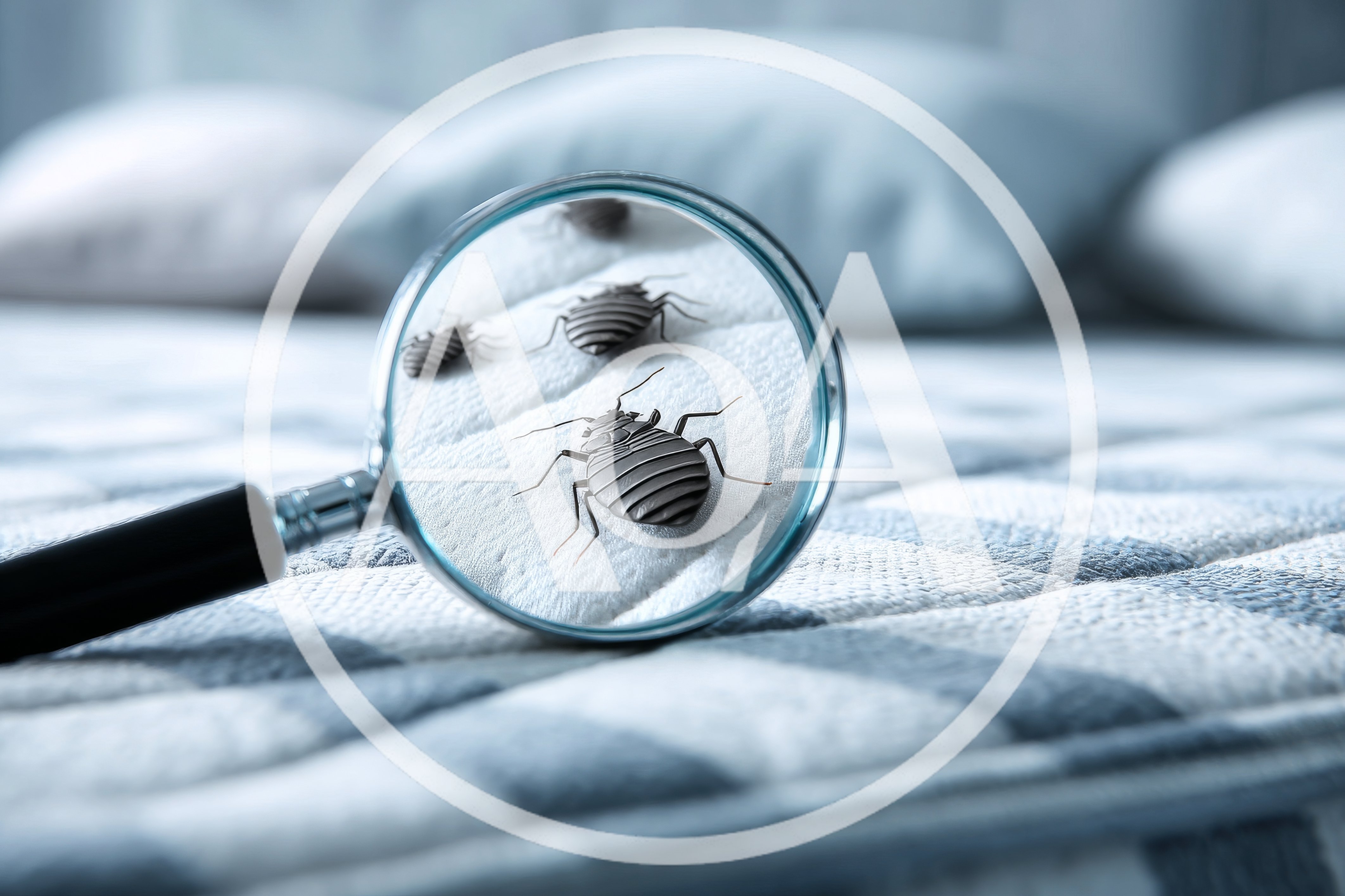 Magnifying Glass Inspecting Bed Bugs On Mattress