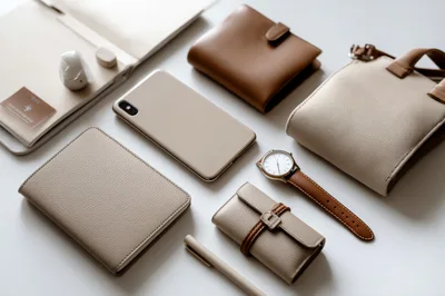 Flat Lay Of Minimalist Beige And Brown Accessories
