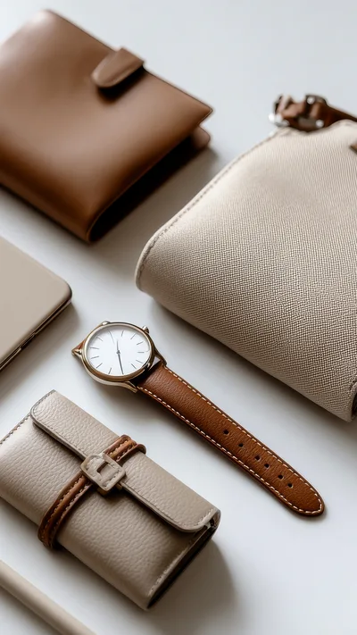 Flat Lay Of Luxury Leather Accessories And Watch