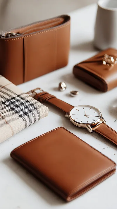 Luxury Leather Accessories and Watch on White Surface