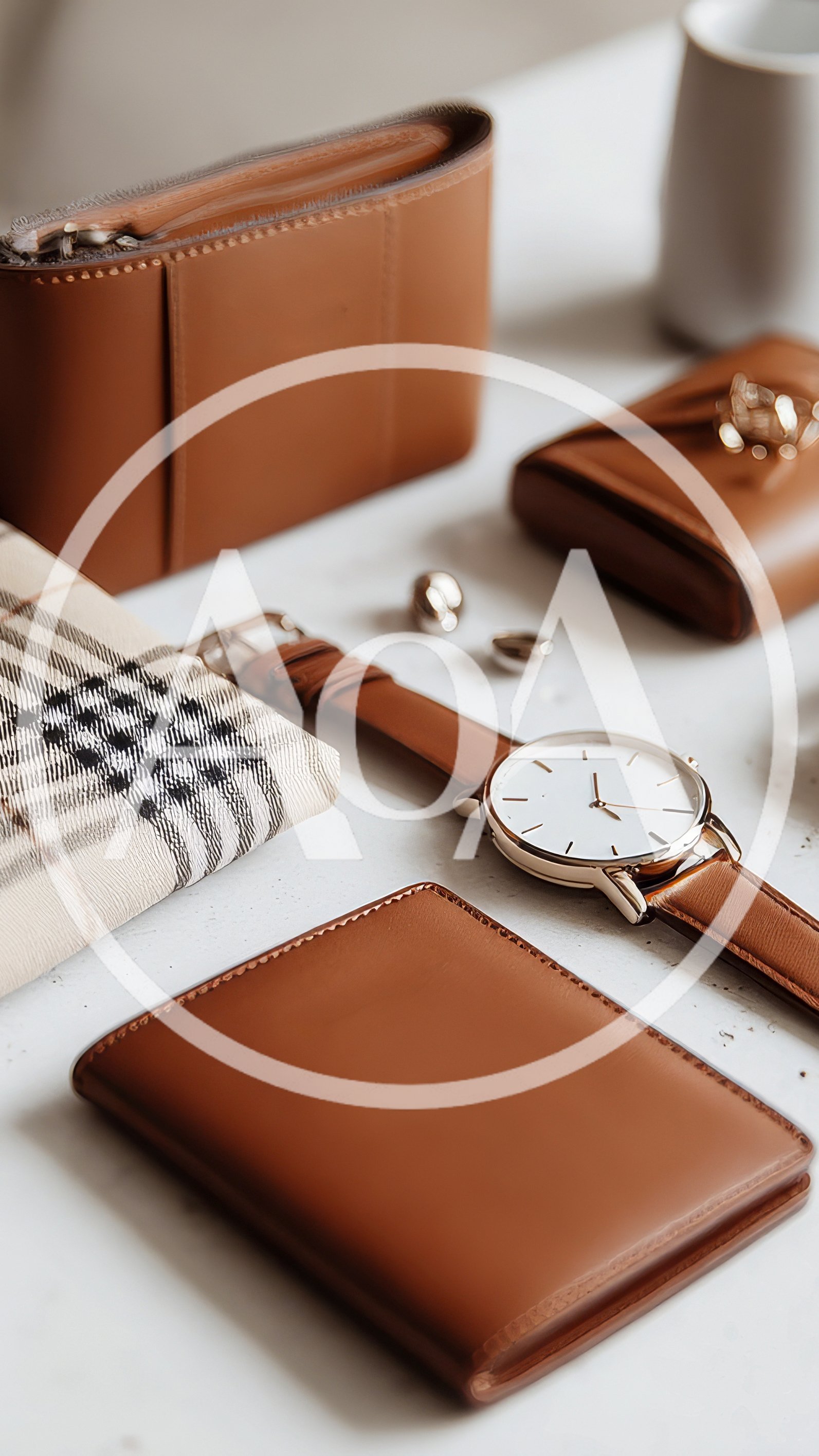 Luxury Leather Accessories and Watch on White Surface