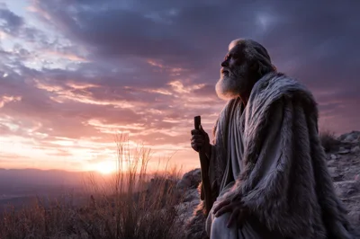 Elderly Prophet Kneeling In Prayer At Sunset
