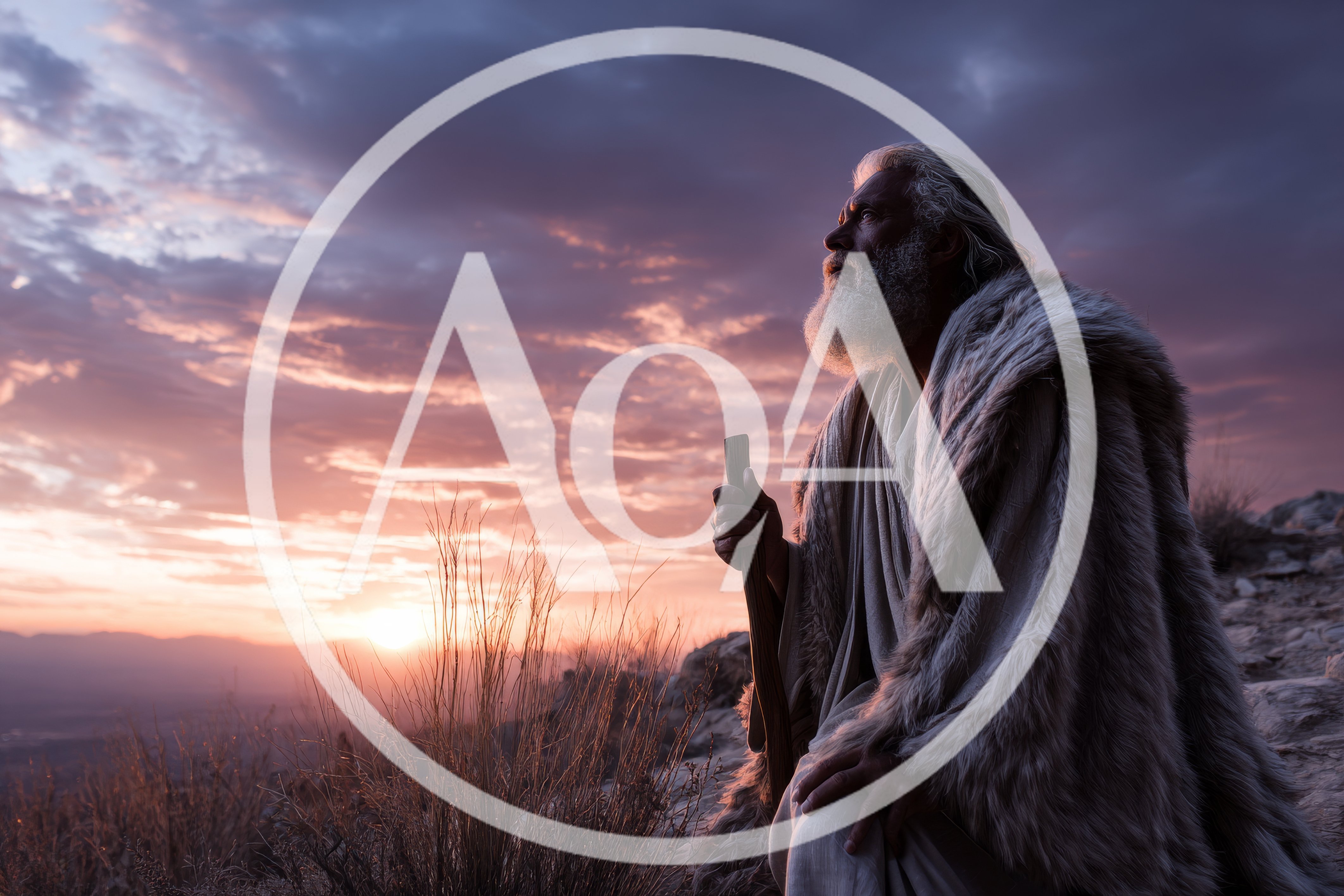 Elderly Prophet Kneeling In Prayer At Sunset