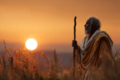 Elderly Man With Staff Standing In Golden Sunset Field
