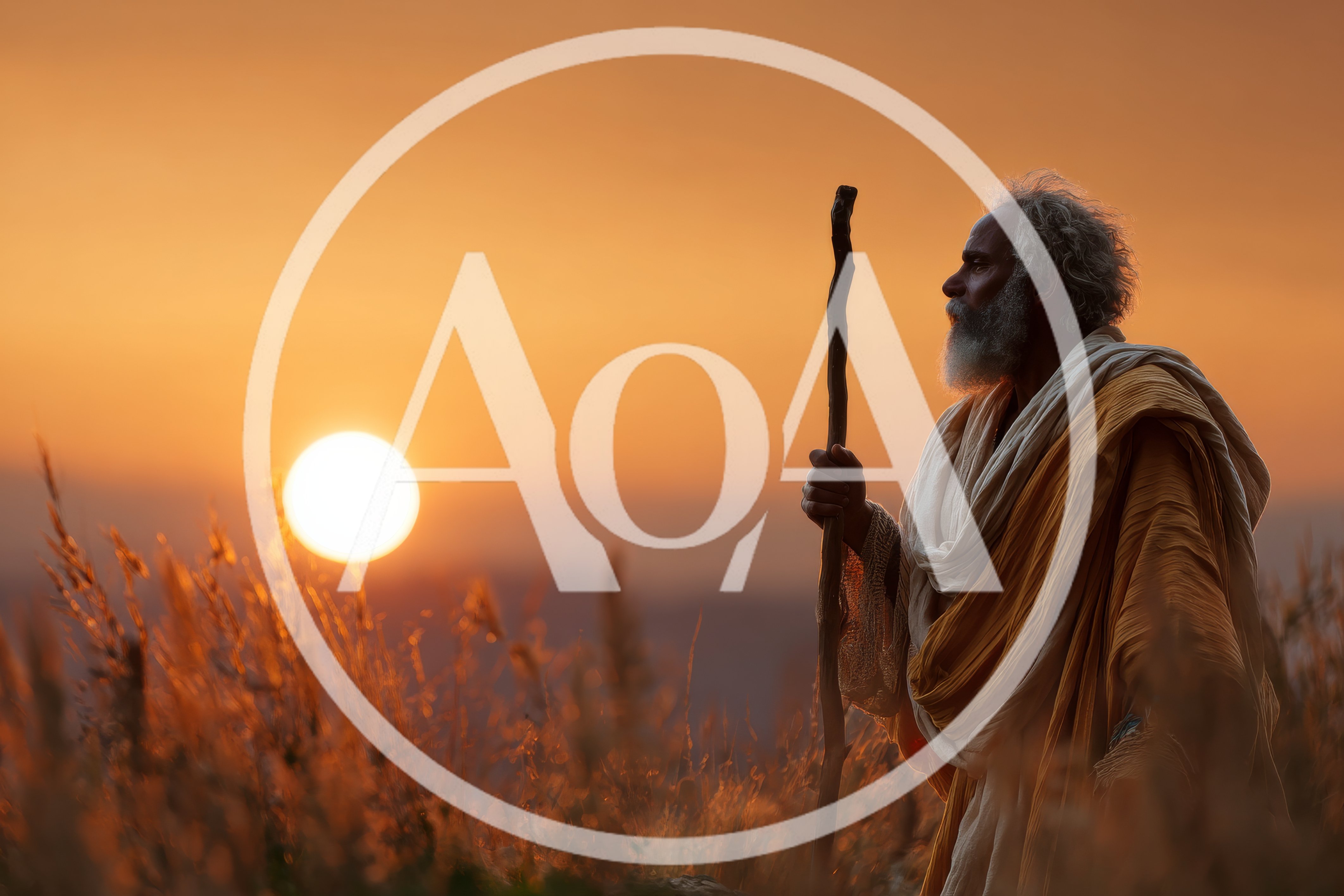 Elderly Man With Staff Standing In Golden Sunset Field
