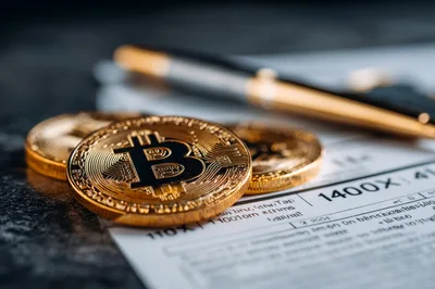 Bitcoin Coins Resting On Financial Tax Documents