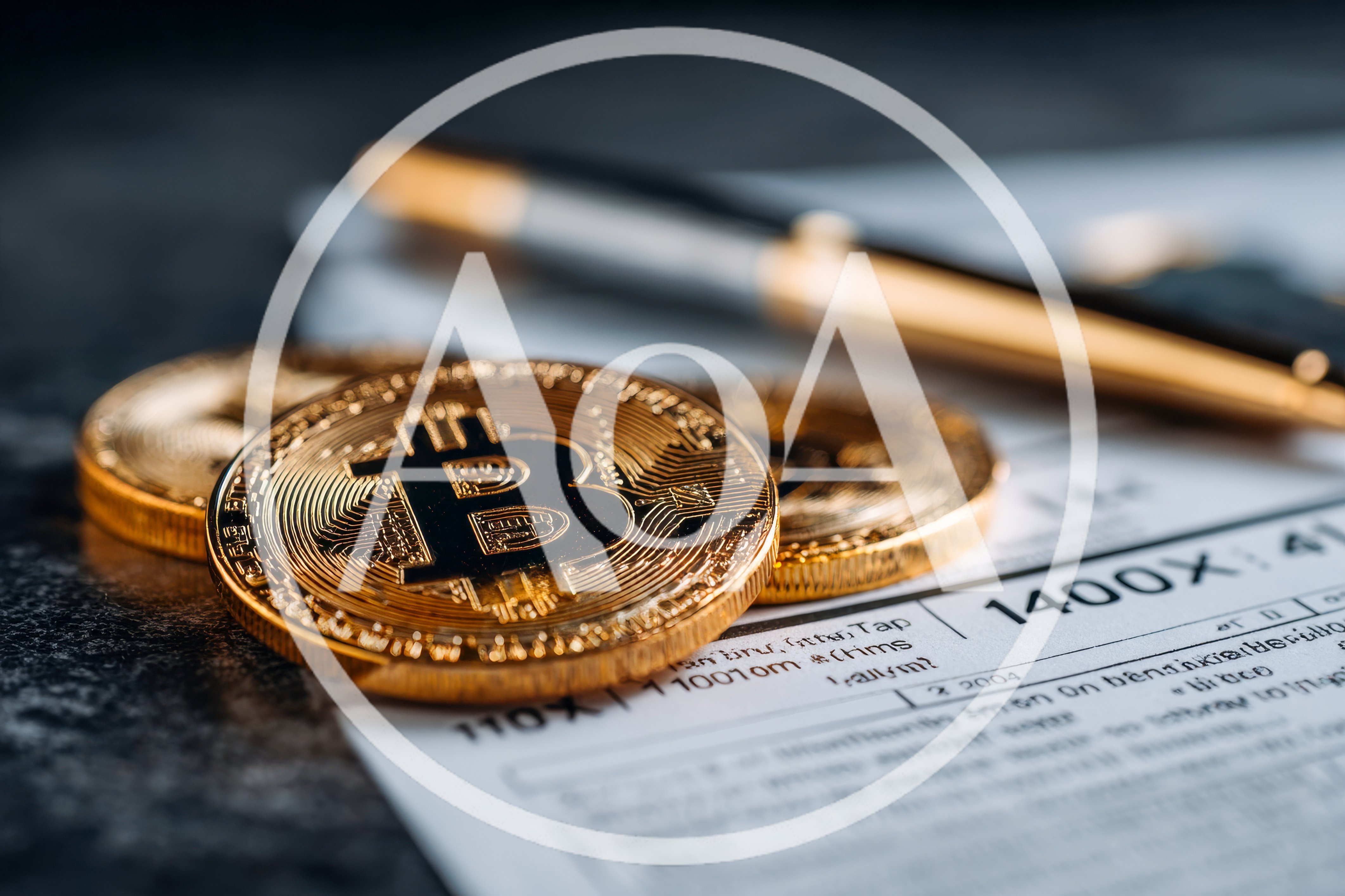 Bitcoin Coins Resting On Financial Tax Documents