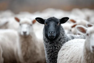 Black Sheep Standing Out In A Flock Of White Sheep