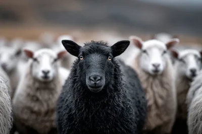 Black Sheep Standing Out In A Flock