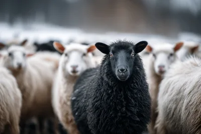 Black Sheep Standing Among A Flock Of White Sheep