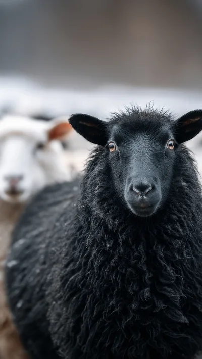 Portrait of a Black Sheep in a Snowy Field