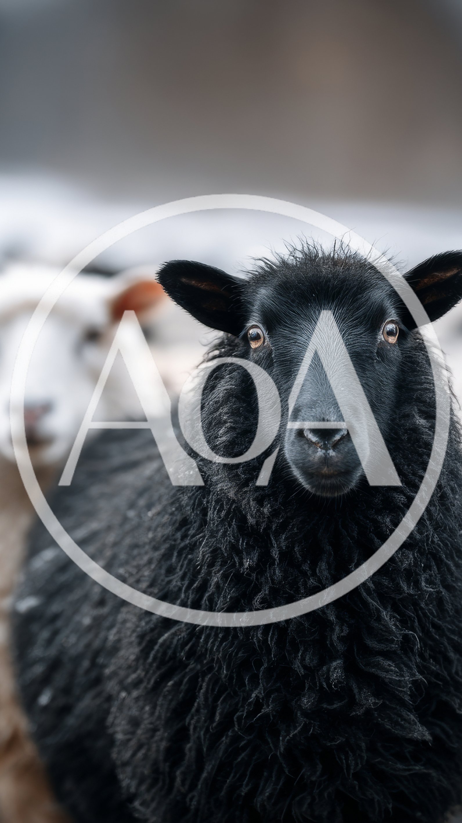 Portrait of a Black Sheep in a Snowy Field