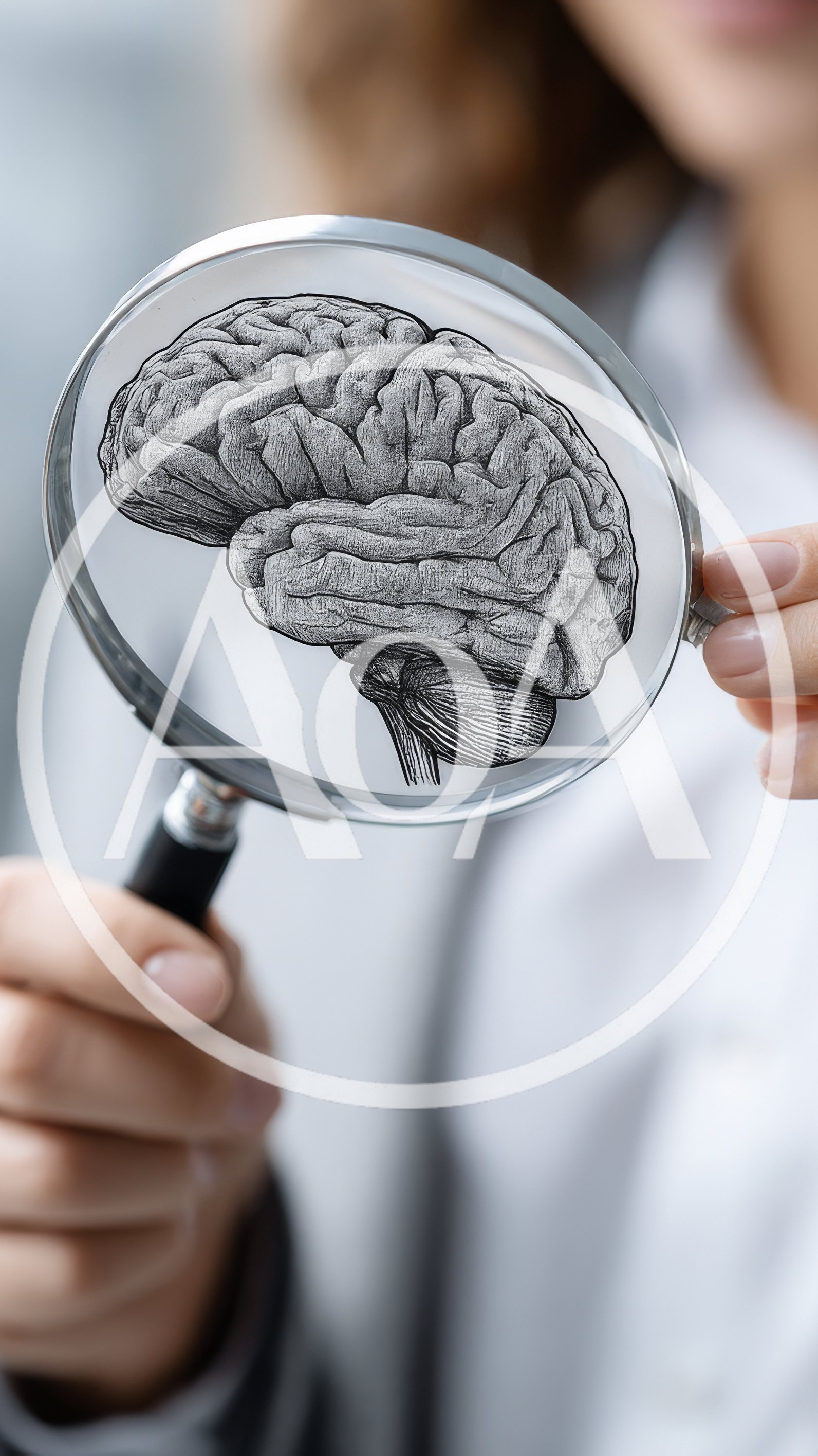 Person Holding Magnifying Glass Over Brain Illustration