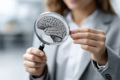 Businesswoman Examining A Human Brain Illustration Through Magnifying Glass