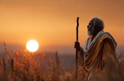 Elderly Man With Staff Standing In Golden Sunset Field