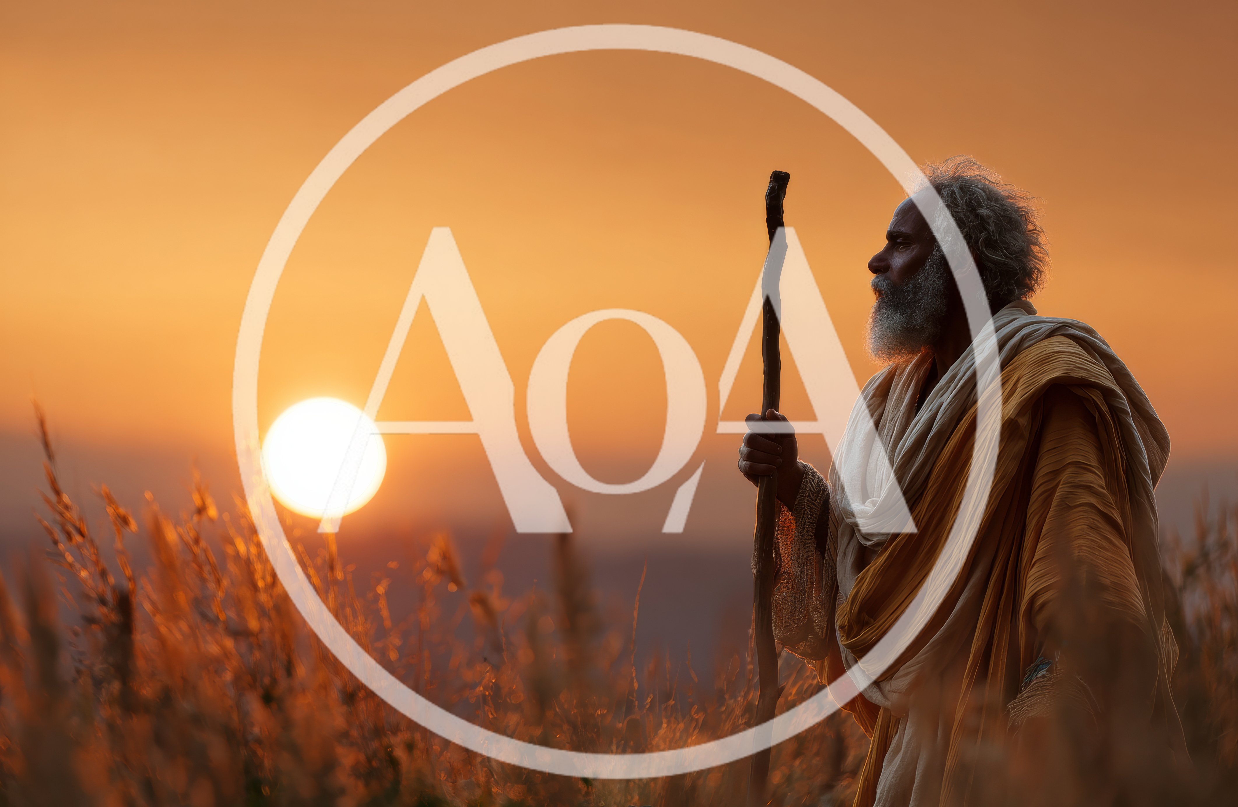 Elderly Man With Staff Standing In Golden Sunset Field