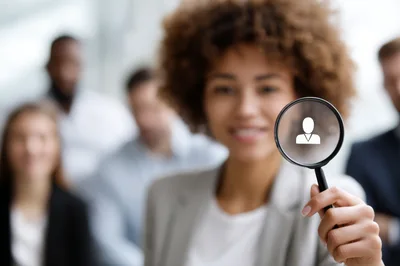 Businesswoman Holding Magnifying Glass With Candidate Icon