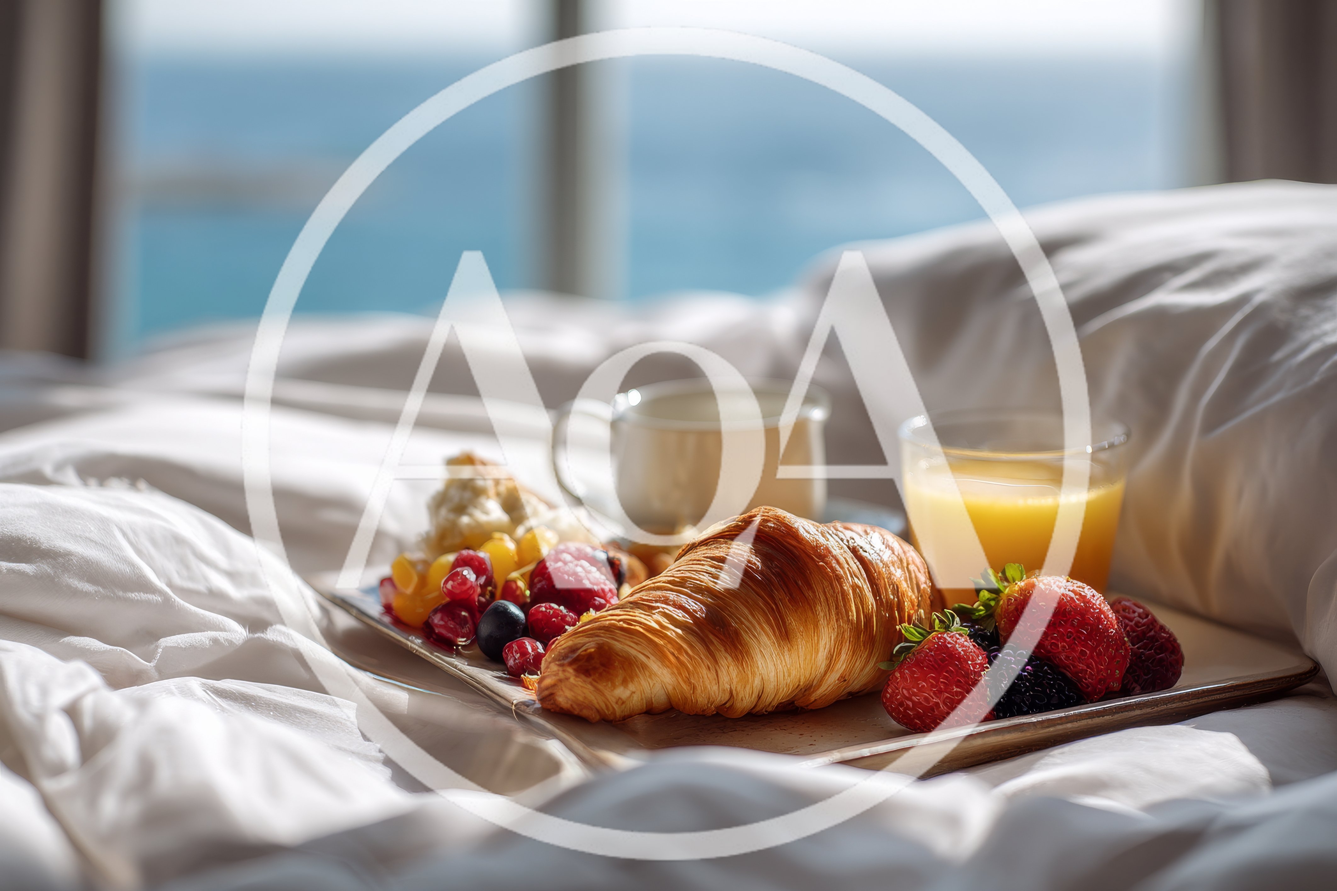 Breakfast Tray With Croissant And Fruit In Bed
