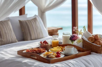 Luxurious Breakfast Tray Served On A Bed