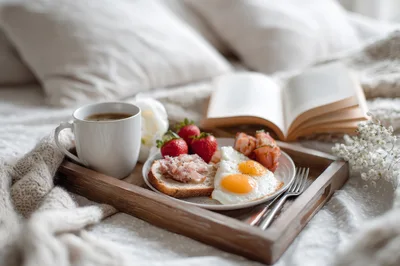 Breakfast Tray With Eggs And Coffee On Bed