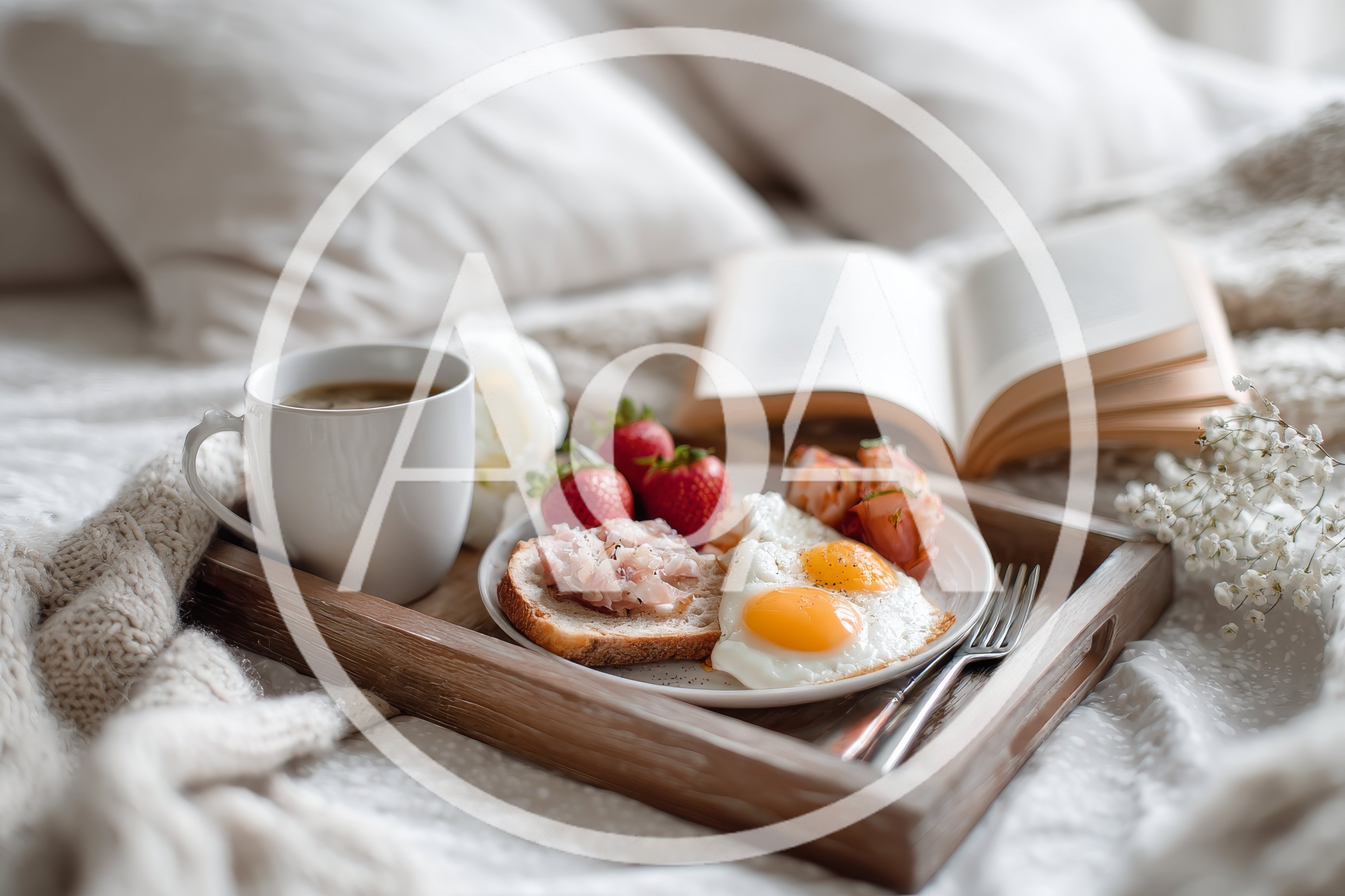 Breakfast Tray With Eggs And Coffee On Bed