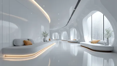 Futuristic Minimalist Lounge Interior With Curved White Walls