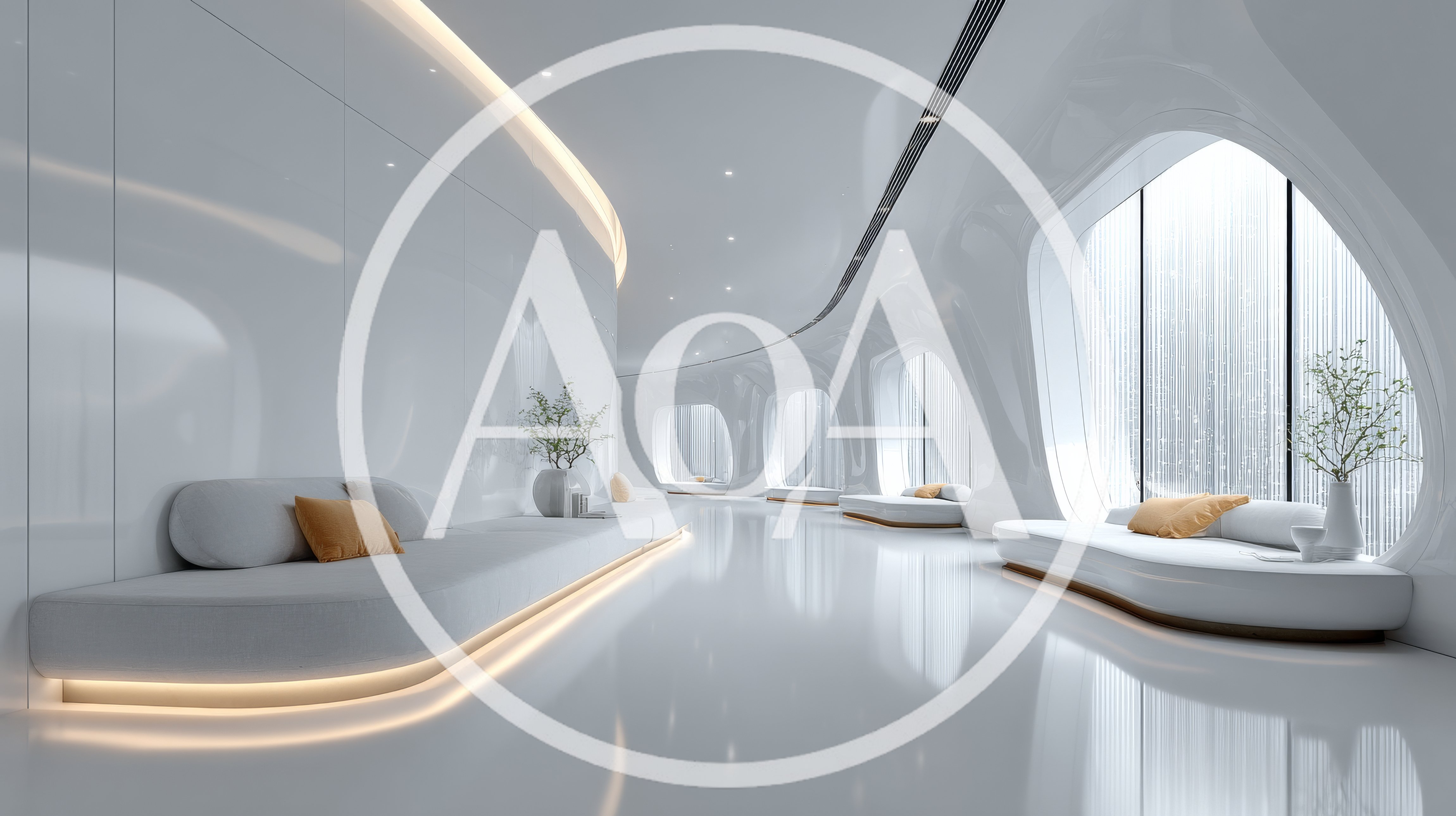 Futuristic Minimalist Lounge Interior With Curved White Walls