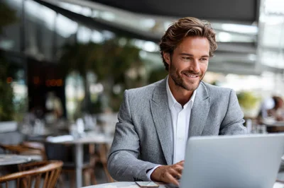 Professional Man Working On Laptop At Outdoor Cafe