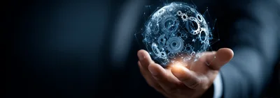 Businessman Holding Digital Globe With Interconnected Gears