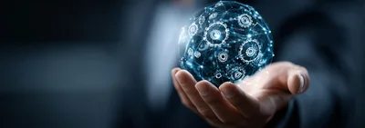 Businessman Holding Digital Globe With Floating Gear Icons