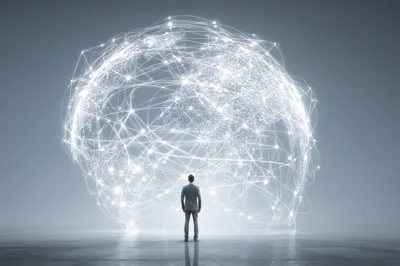 Businessman Standing Before A Glowing Digital Global Network