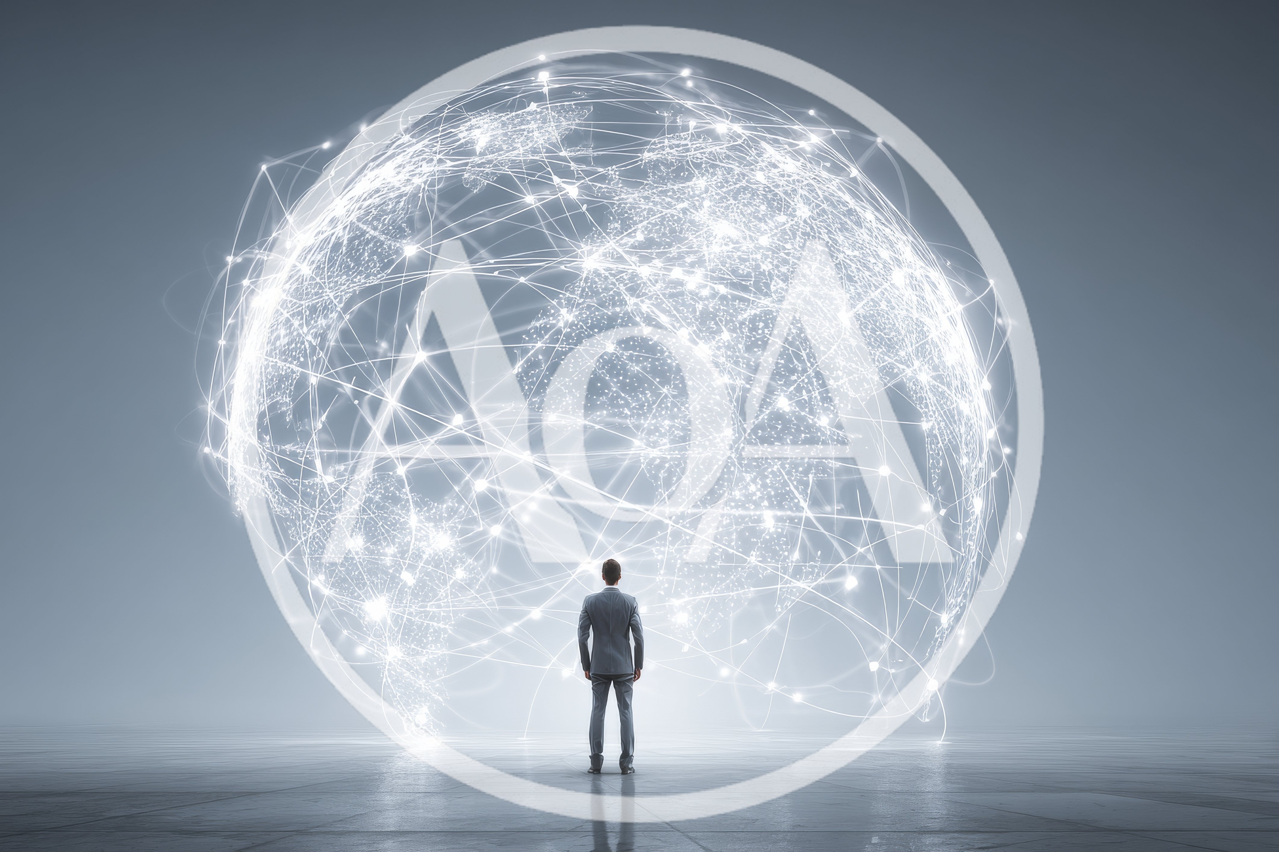 Businessman Standing Before A Glowing Digital Global Network