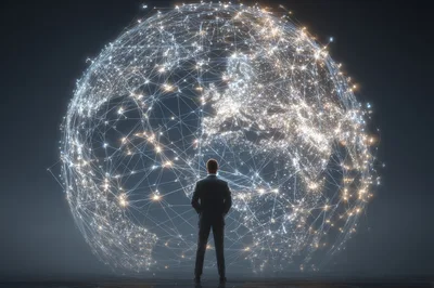 Businessman Observing A Glowing Digital Global Network
