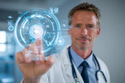 Doctor Interacting With Futuristic Medical Holographic Interface