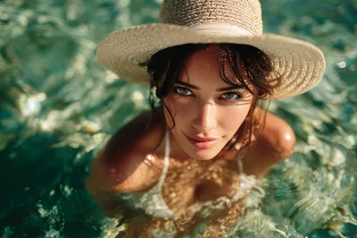 Beautiful Woman Wearing Straw Hat In Clear Water