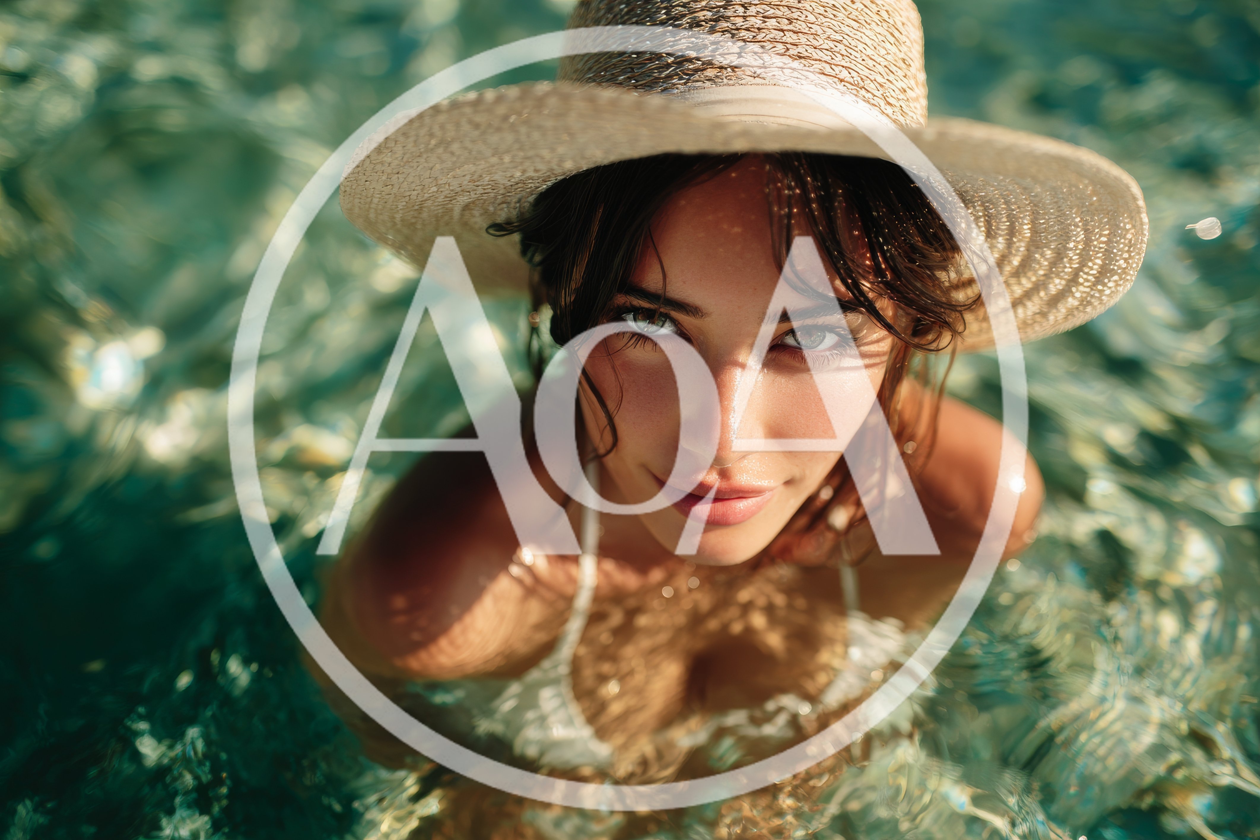 Beautiful Woman Wearing Straw Hat In Clear Water