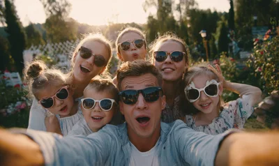 Family Taking A Fun Selfie In A Sunny Garden