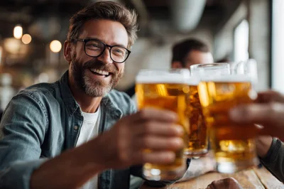 Happy Man Toasting With Beer In A Pub