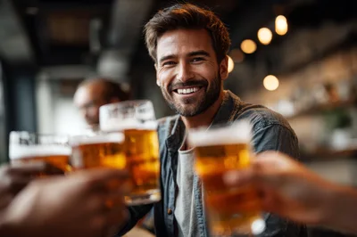 Happy Man Toasting With Beer In A Pub