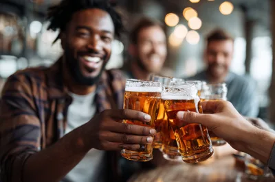 Friends Toasting With Beer Glasses At A Bar