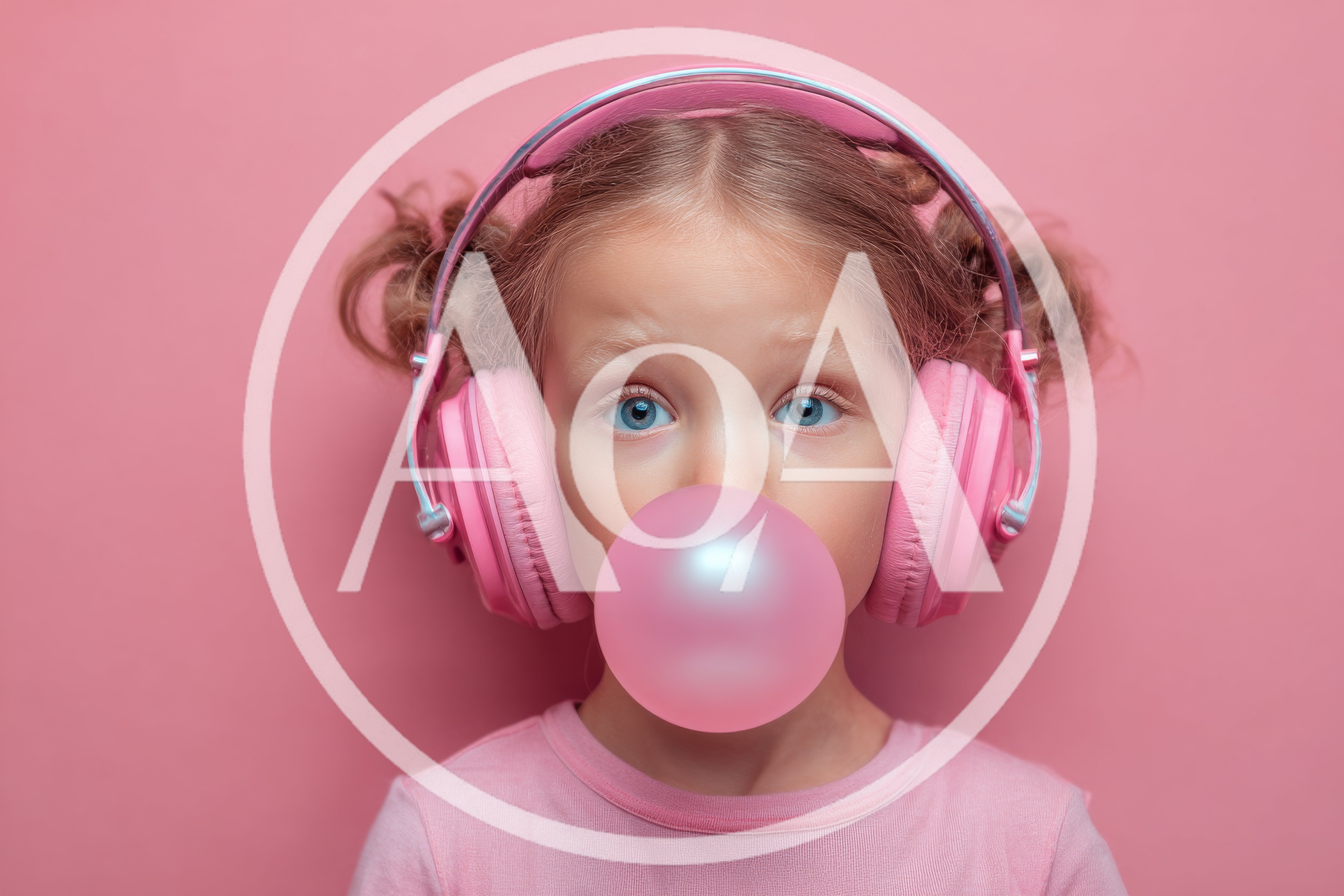 Young Girl Wearing Pink Headphones Blowing Bubblegum