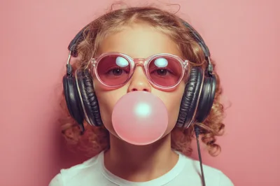 Young Girl With Headphones And Pink Bubblegum