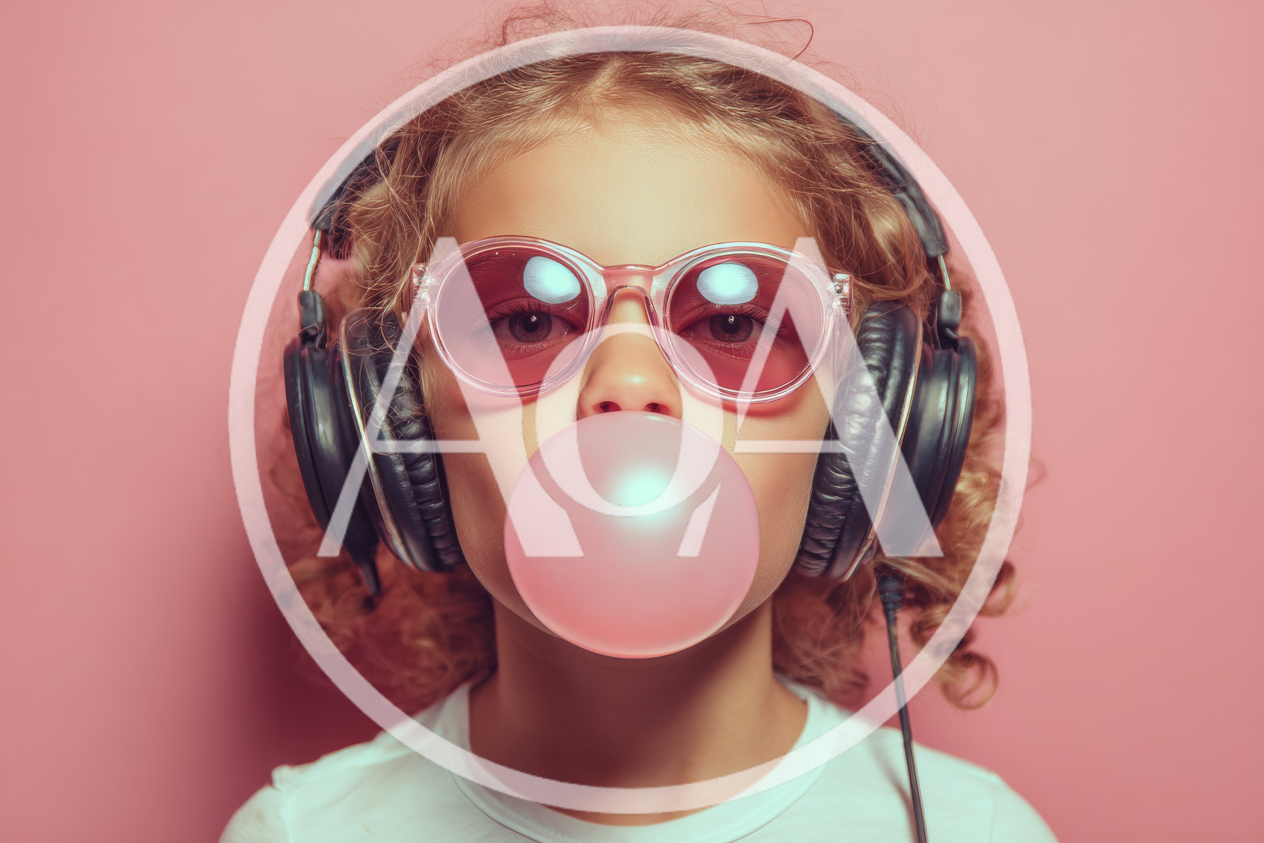 Young Girl With Headphones And Pink Bubblegum