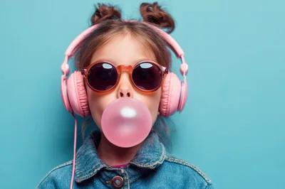 Young Girl Wearing Headphones Blowing Pink Bubblegum