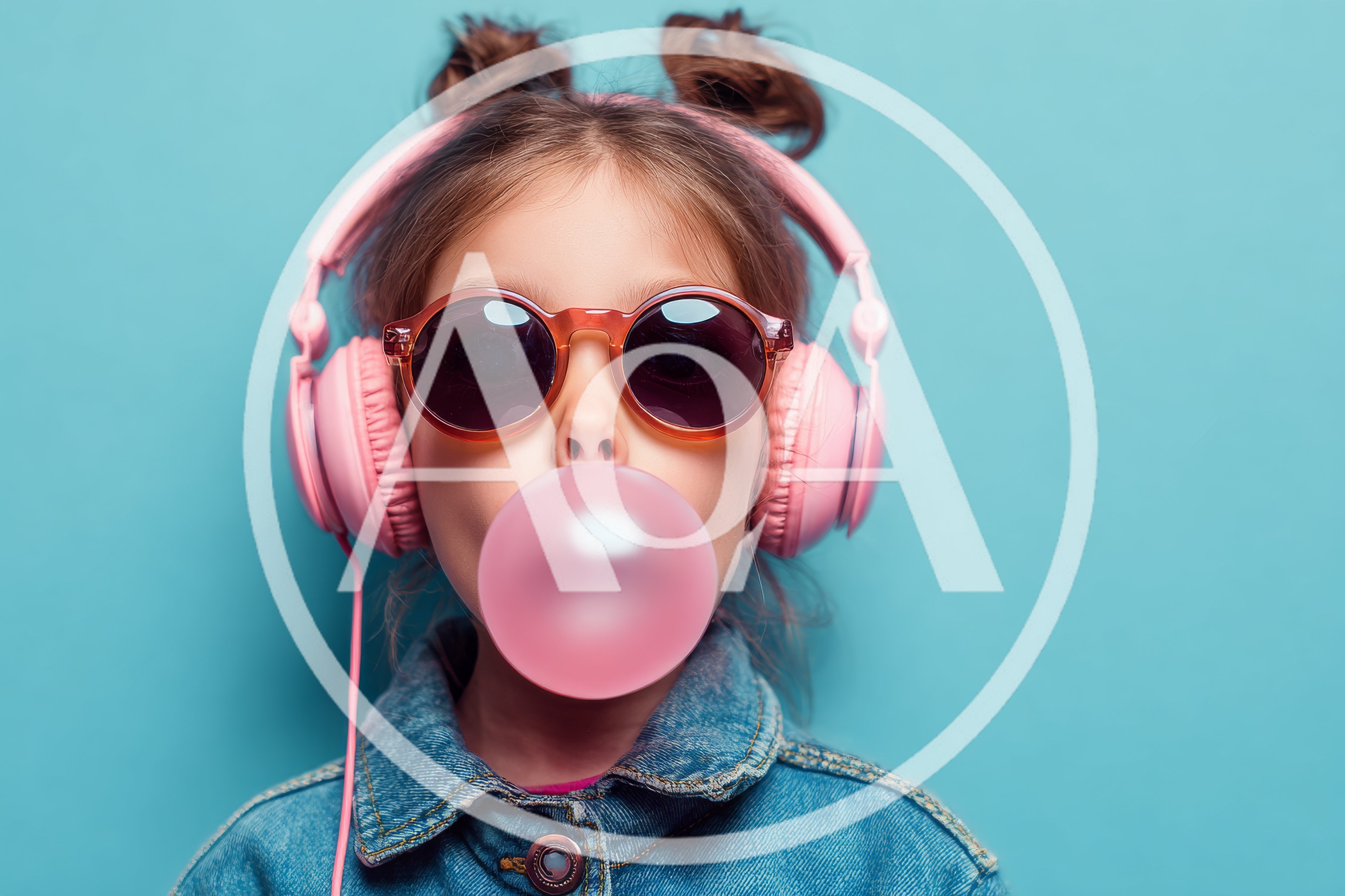 Young Girl Wearing Headphones Blowing Pink Bubblegum