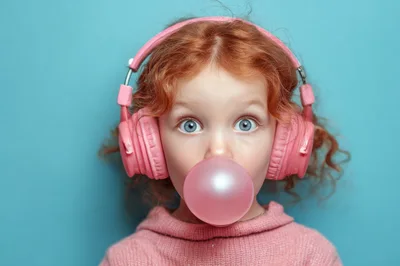 Young Girl With Red Hair Blowing Pink Bubblegum