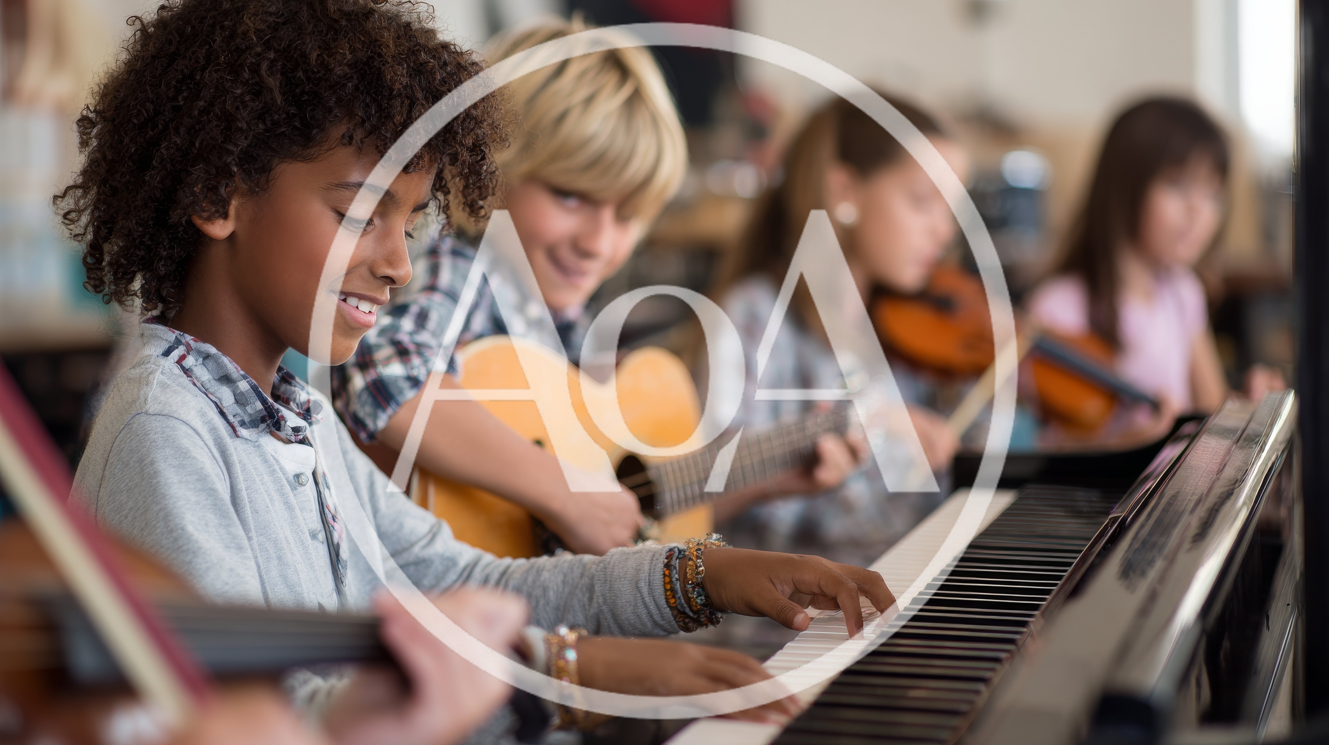 Diverse Children Playing Musical Instruments In Music Class