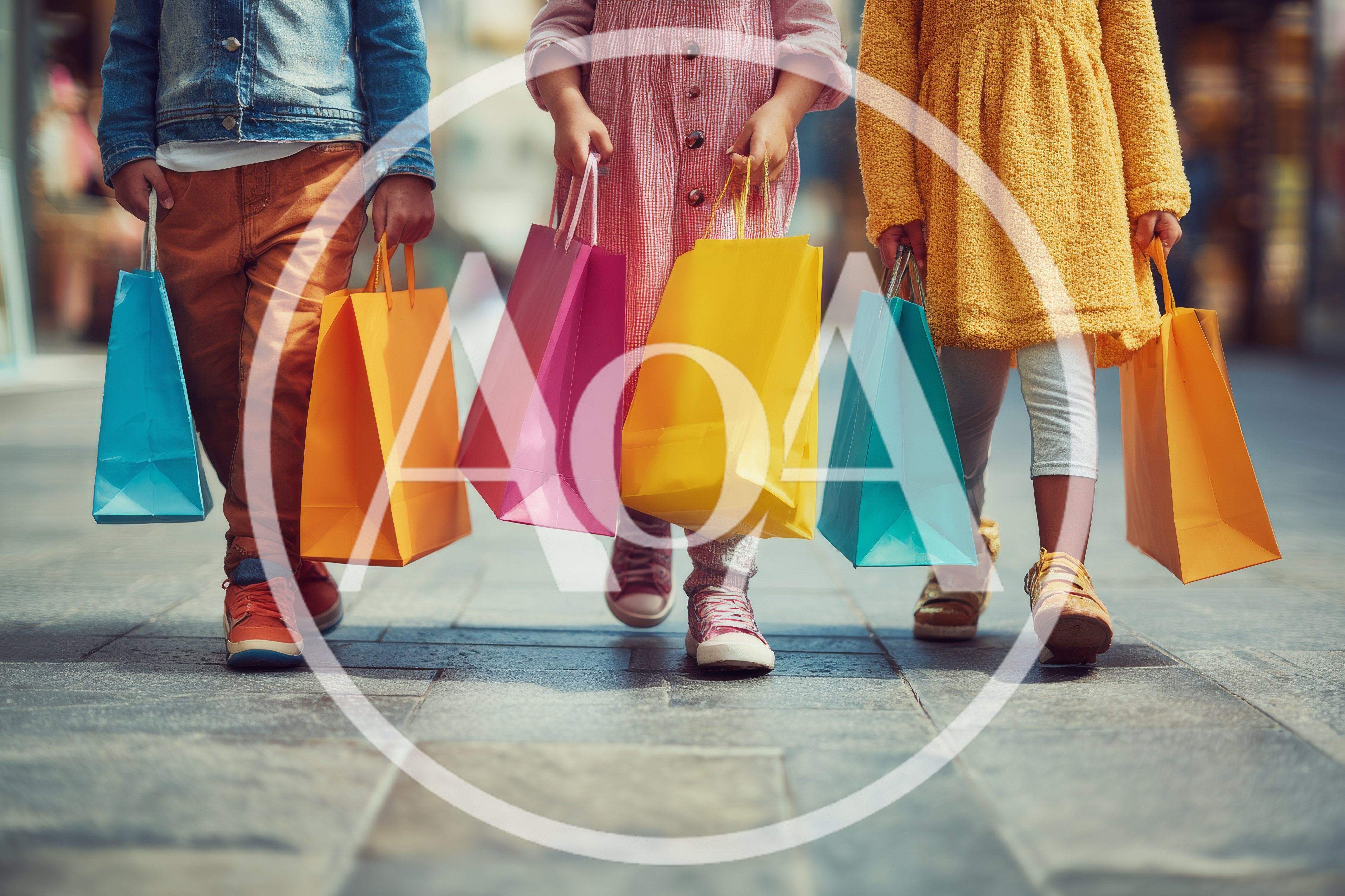 Three Children Walking With Colorful Shopping Bags