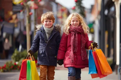 Young Children Carrying Colorful Shopping Bags Outdoors